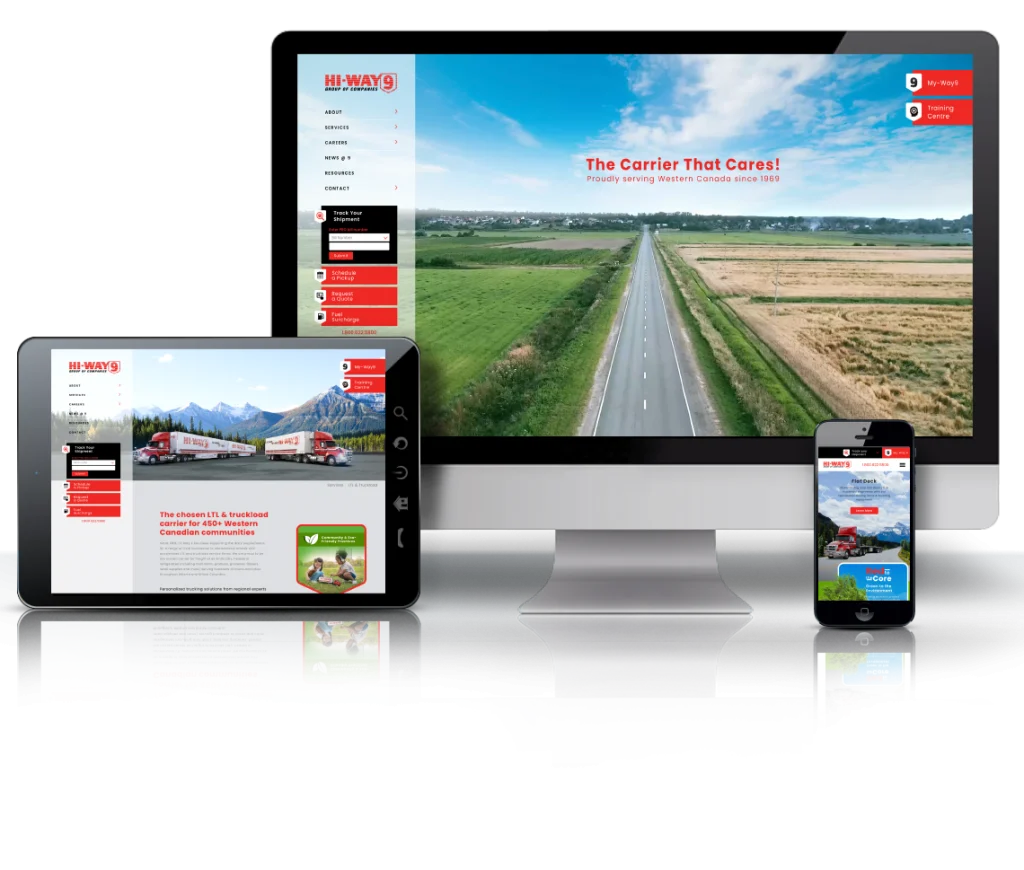 Computer desktop, tablet and mobile screens displaying new Hi-Way 9 website